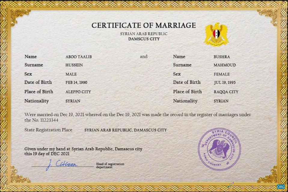 Download Syria marriage certificate PSD template Photoshop template